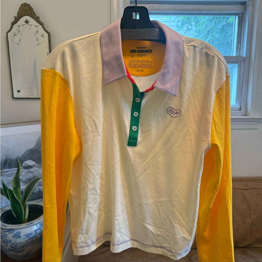 Alice + Olivia BIG FEELINGS Yellow and Cream Long Sleeve Polo